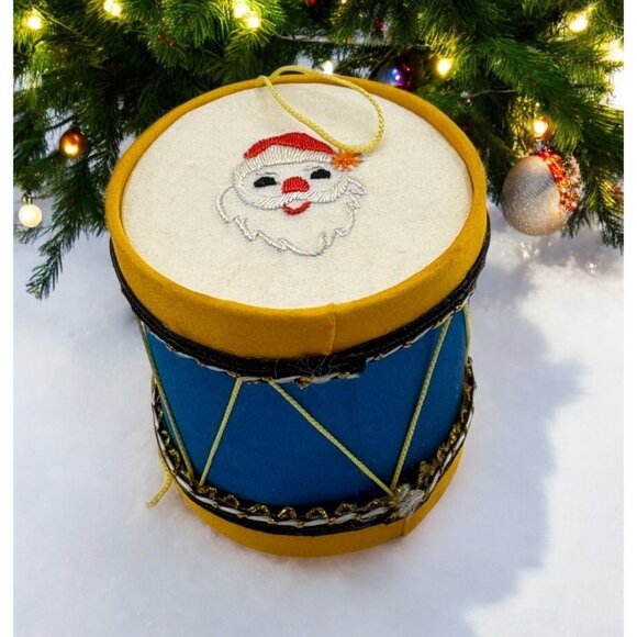 Vintage Drum Christmas Tree Ornament Jolly Santa Face Embroidery Blue and Gold - Picture 1 of 6